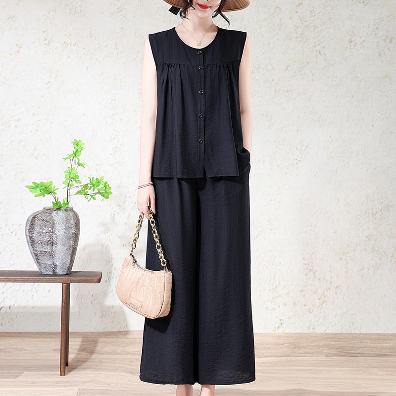 Women's Plus Size 2-Piece Set, Linen-cotton Sleeveless Button Top & Wide Leg Pants (XL-7XL)