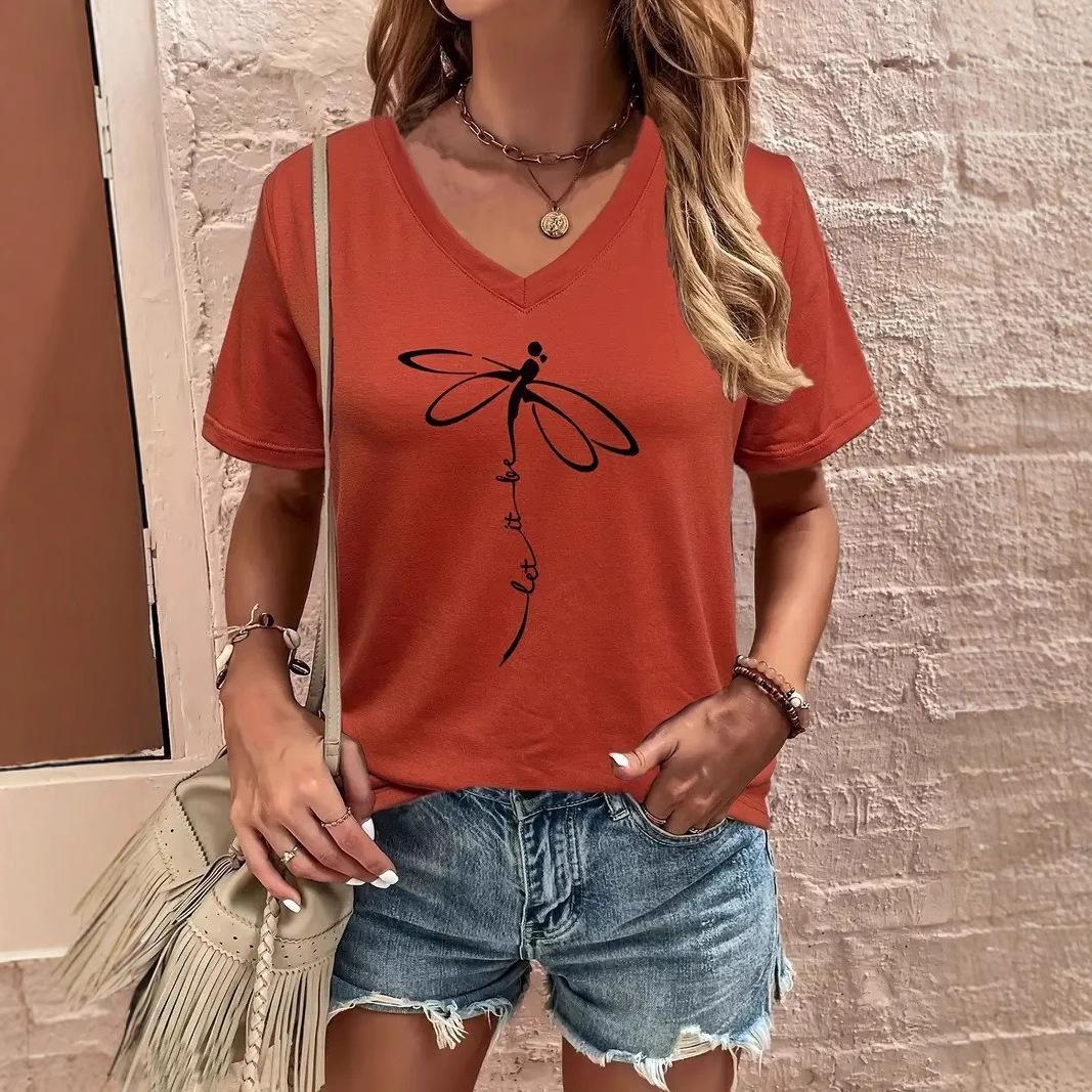

Летние женские футболки с V-образным вырезом, коротким рукавом, с 3D-принтом насекомых и бабочек, в повседневном стиле S