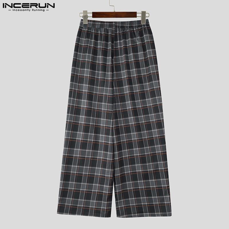 INCERUN Men Casual Loose Elastic Waist Plaid Print Wide Legs Pants Long Trousers