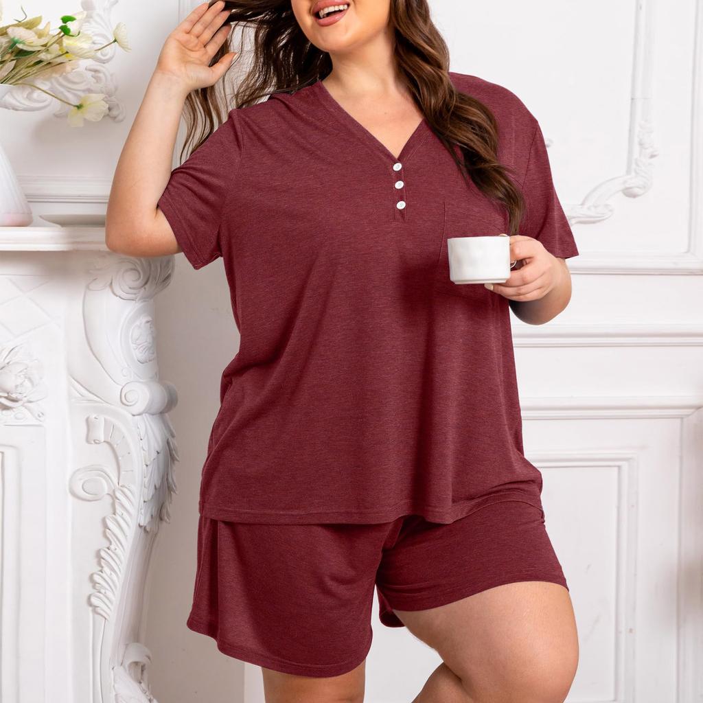 Plus Size Women's Two Piece Lounge Set Short Sleeve V Neck Top with Button Detail Elastic Waist Shorts Casual Sleepwear Set
