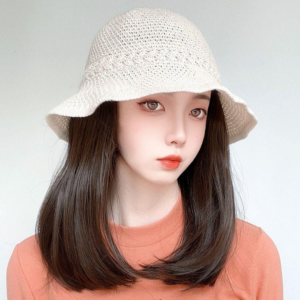 Women Girls Spring Straight Bob Wigs Fisherman Hat Wig Sunshade Hat Short Wigs Bucket Hat Fake Hair