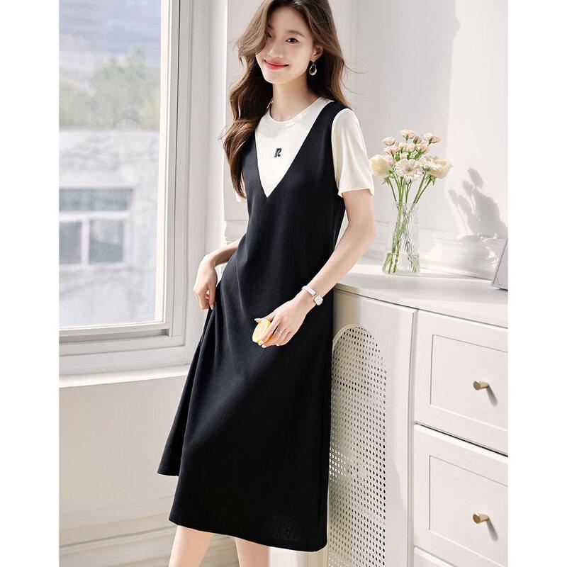 Women s Casual Faux Two-Piece Color Block A-Line Dress L