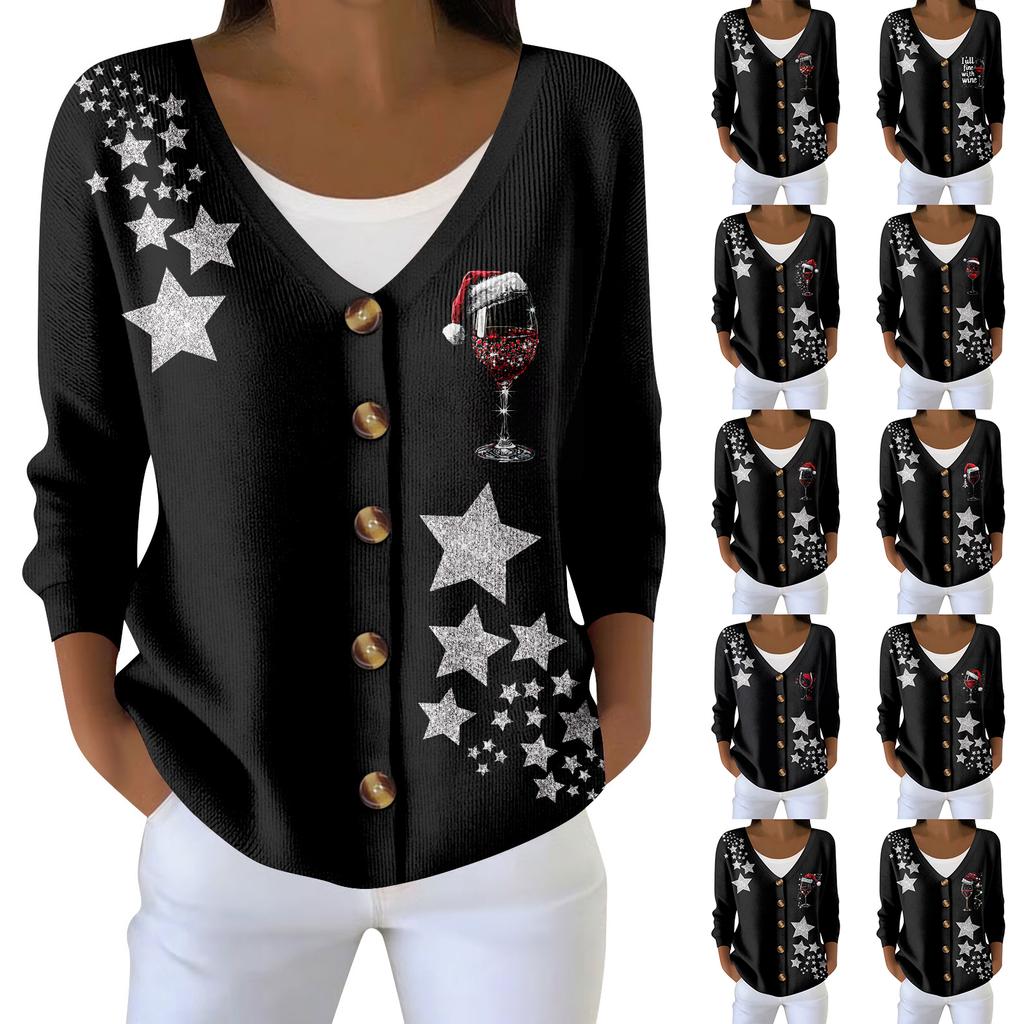 Women's Fashion Long Sleeve Christmas Snowman Snowflake Print Jacket Cardigan