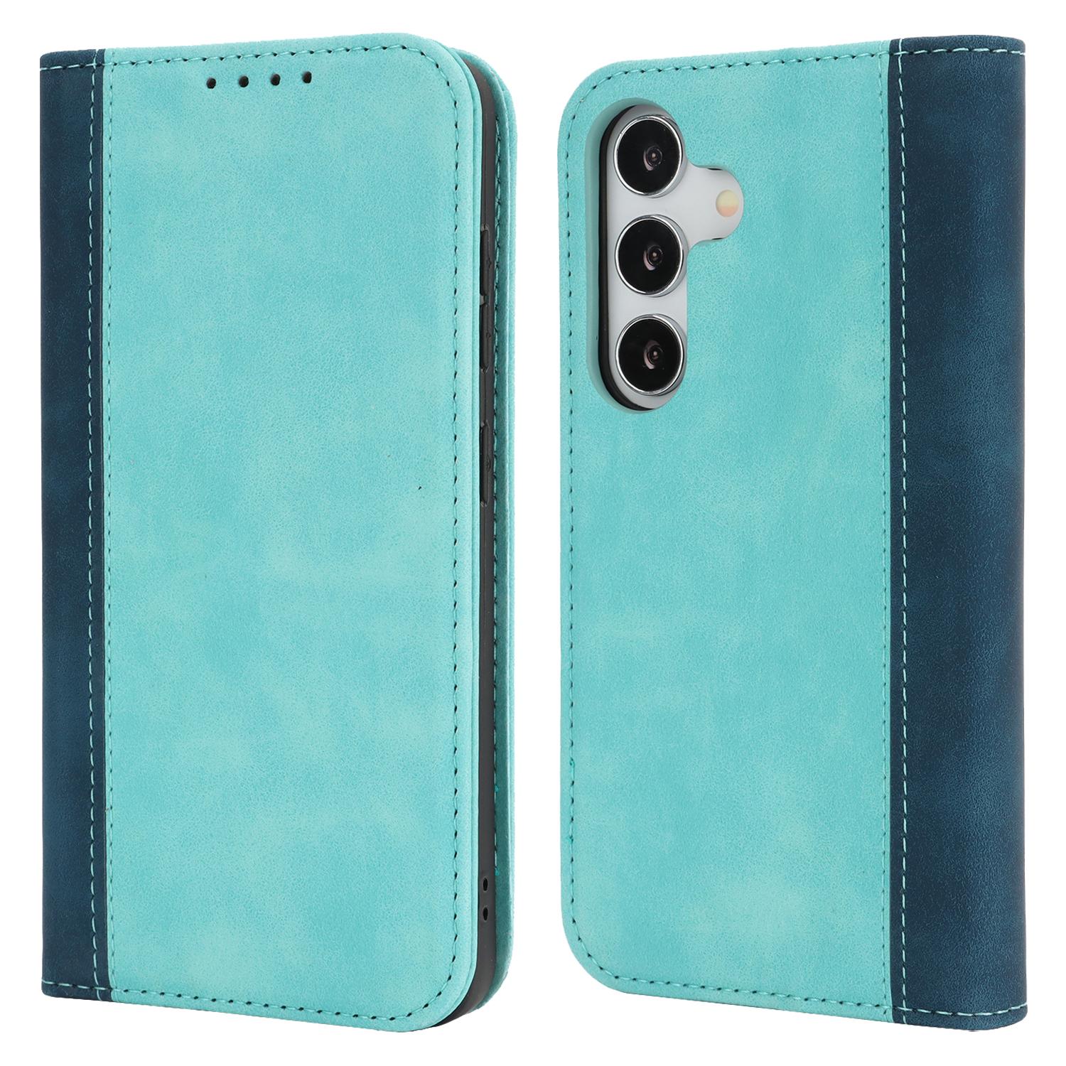 

For Samsung Galaxy S25 Case Calf Texture 3 Card Slots Color Splicing Leather Phone Cover Light Blue+Dark Blue