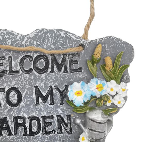 Resin Garden Welcome Sign with Flowers Birds Decorative Outdoor Garden Stone Plaque with Hemp Rope for Rustic Yard Lawn Patio Home Decor