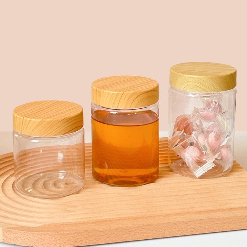 1Pc Plastic Clear Empty Jars Containers with Imitation Wood Texture 30ML-300ML Seasoning Storage Jars for Home Use with Lids