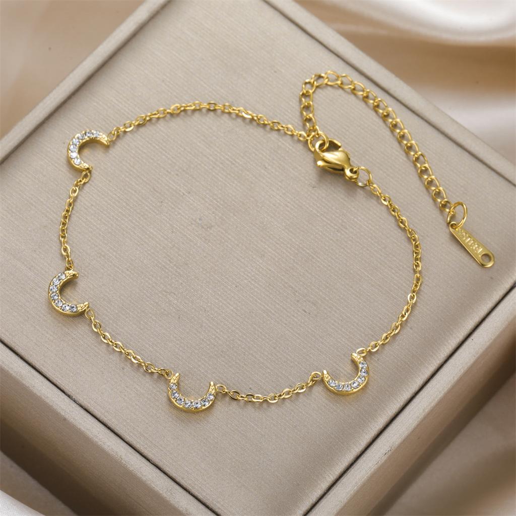 Rhinestone Four Moon Symbol Bracelet Stainless Steel Fashion Simple Geometric Bracelet Women Birthday Party Jewelry Gift