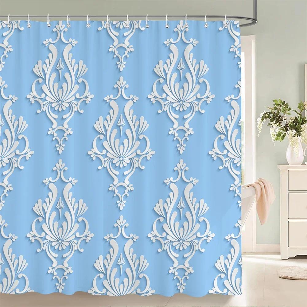 

European Flower Geometry Pattern Fabric Shower Curtain Bathroom Curtains With Hooks Waterproof Printing Bath Curtain Home Decor W60H190(CM)-1 Pcs