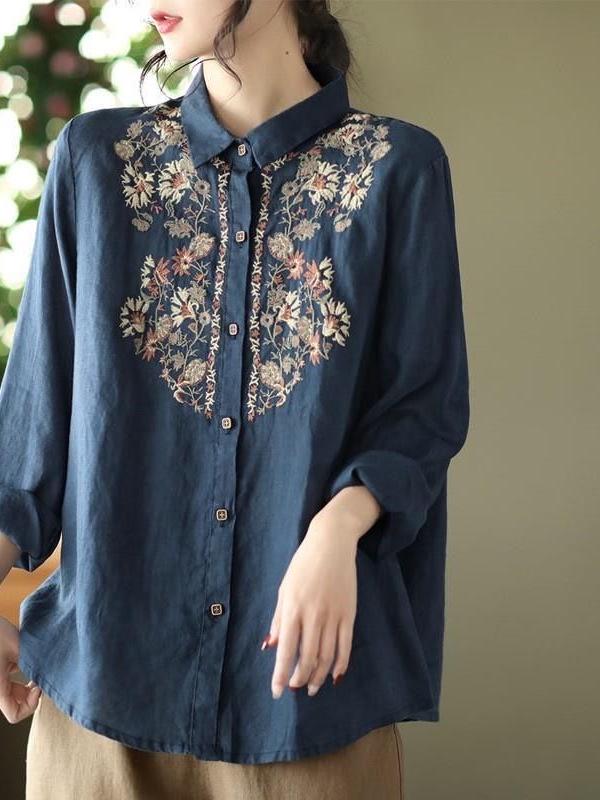 Retro Ethnic Embroidered Cotton Linen Blouse - Women's Long Sleeve, Spring 2025.