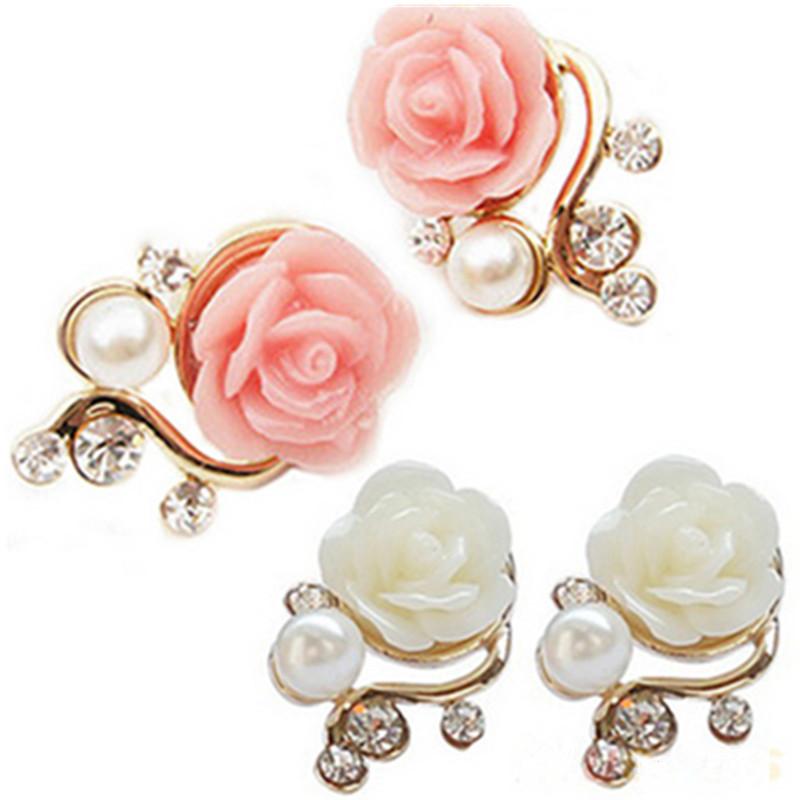 Koreanische Mode Rose Blume Harz Rose Ohrringe Neue Koreanische Damen Imitationsperle Kristall Ohrringe Großhandel Damen Zirkon