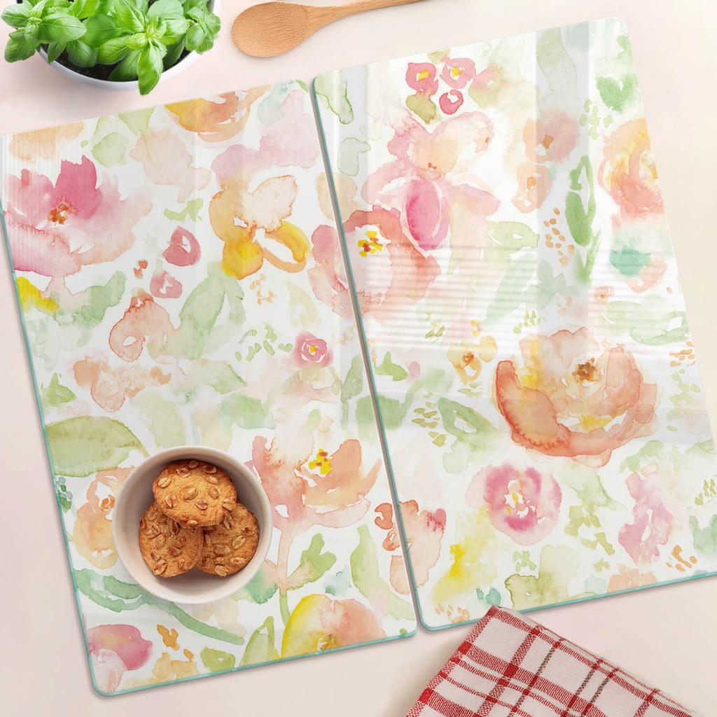 Decorative Tempered Glass Cutting Boards Watercolor Flowers 2X30X52 Cm