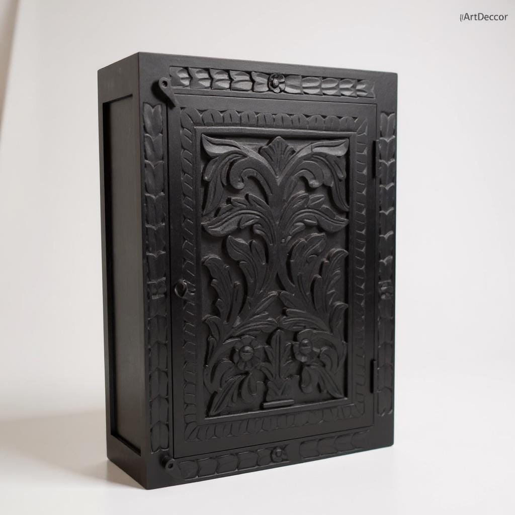 Wooden Wall Cabinet | Black Carved Key Holder Box Self | Wall Style Storage with Floral | Indian Cabinet Storage Home Decor Furniture Art