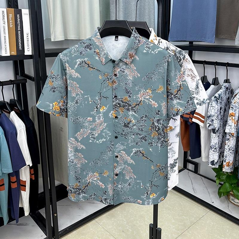 Chinese Style Ink Plum Blossom Short Sleeved Shirt For Men Retro Breathable Shirt