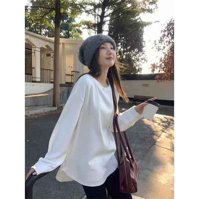 White Basic Bottoming Loose Long-sleeved T-shirt for Women Autumn and Winter Warm Inner Layer with German Velvet Thickened Mid-length Top