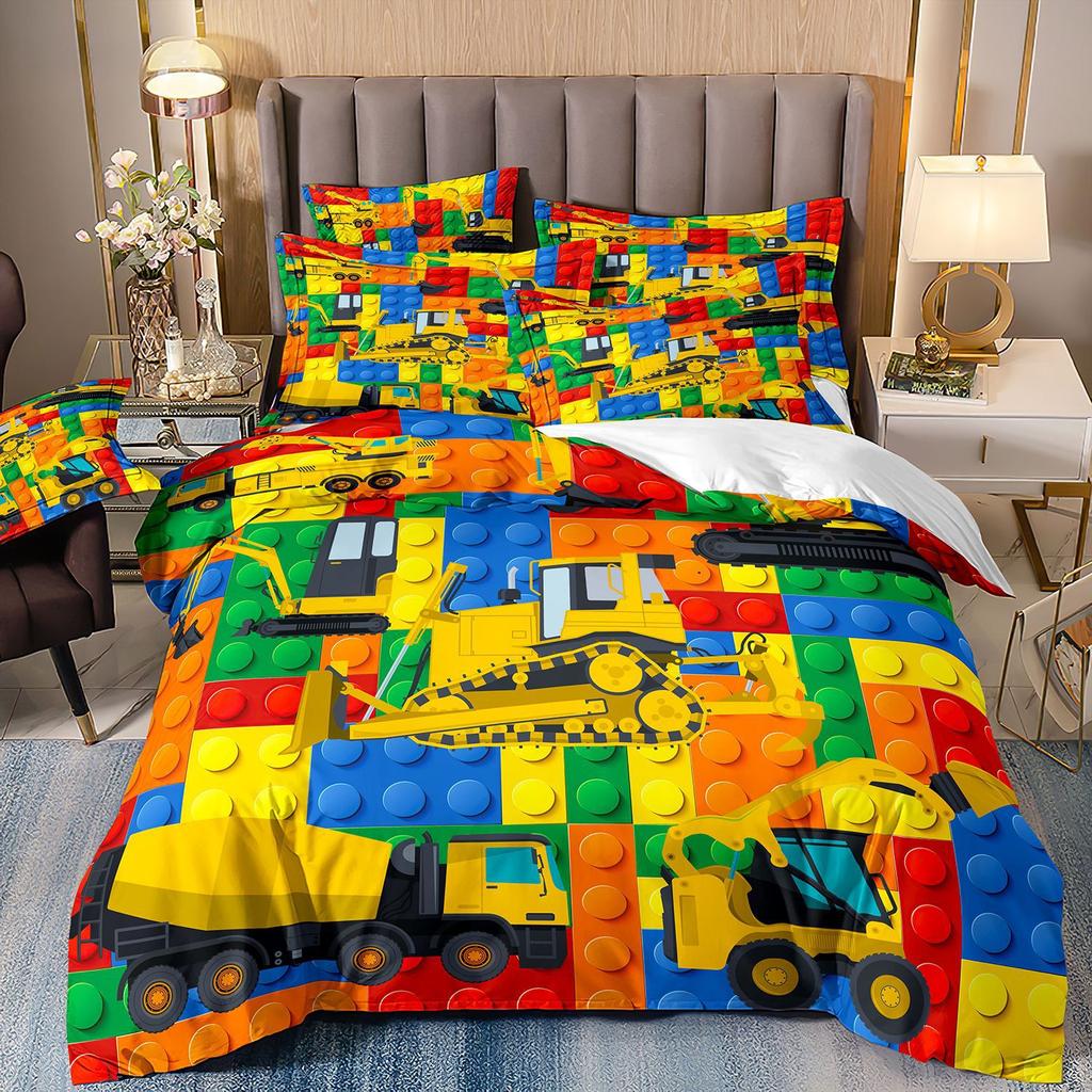 Construction Vehicle Excavator Truck Fire Truck 3D Digital Printing Bed Three-Piece Quilt Kit