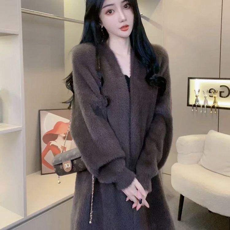 

Женская куртка из норкового флиса на осень/зиму, утолщенная теплая вязаная кофта-кардиган из норкового флиса, однотонный плюшевый вязаный топ 3XL кофейный