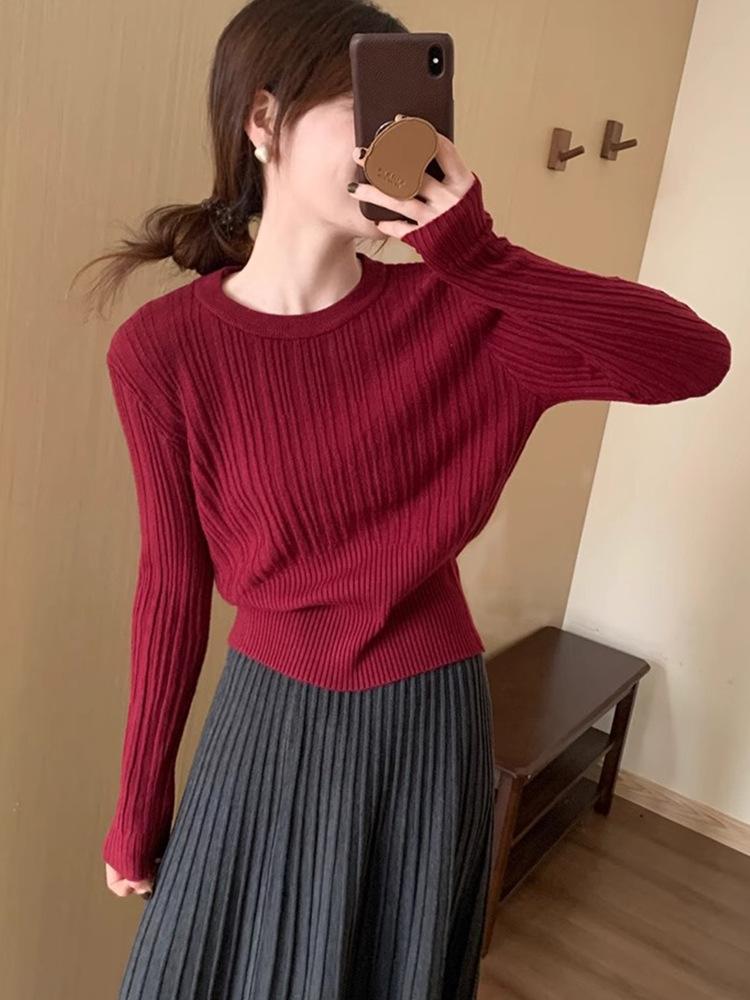 

Solid color crew neck knitted bottoming shirt women s autumn and winter new waist sweater slim and thin shirt with top One size красный