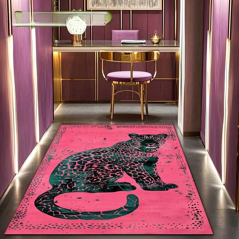 Künstlerischer Rosa Leopard Porträt Gedruckter Teppichläufer Wohnzimmer Schlafzimmer Büro Musikzimmer Boden Teppich Stilvolle Heimdekoration Geschenk