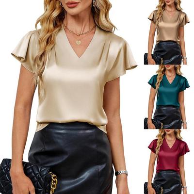 2026 Sommer V-Ausschnitt Falten Chiffon Kurzarm Locker Oberteil