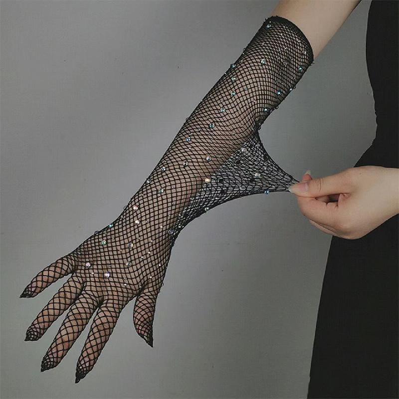 Women'S Fashionable Hot Diamond Sparkling Mesh Fishing Net Elastic Gloves