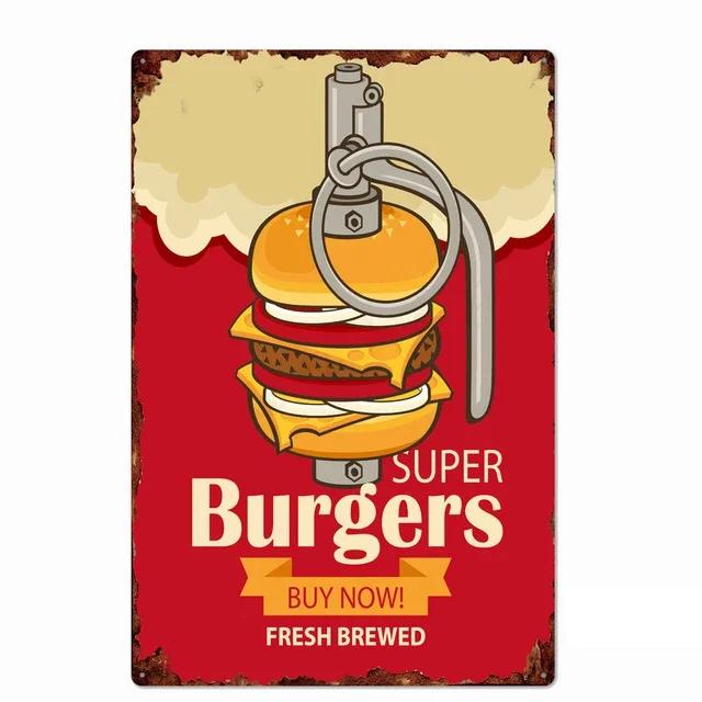 Delicious Hamburger Food Signs Metal Plaques Barbecue Kitchen Restaurant Shop Tin Sign Decorative Posters Retro Iron Painting