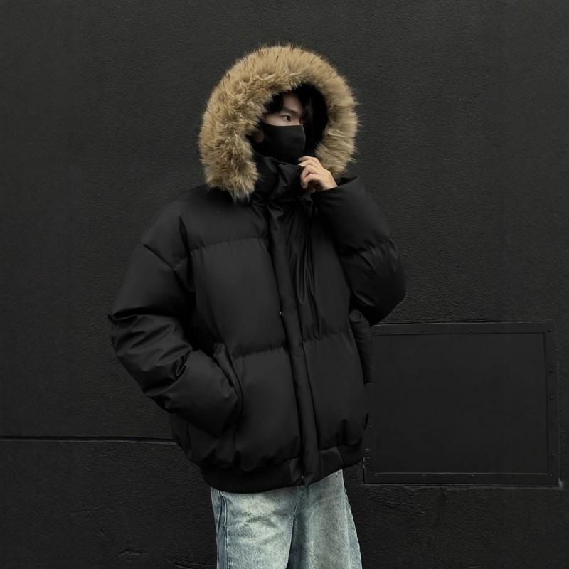 Winter Hooded Puffer Jacket With Detachable Faux Fur Collar Short PU Leather Coat Men Women Couples