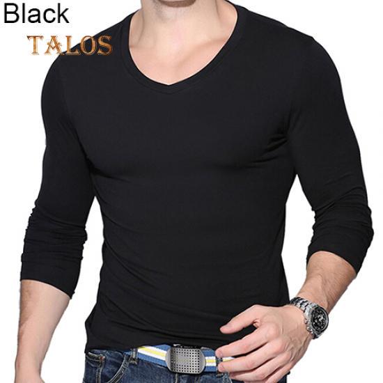 T-shirt Homme Manches Longues Col V Slim Fit - Coton élasthanne - Couleurs Noir, Blanc, Bleu, Vert Armée