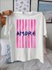Amore Striped Art Pattern Summer Outfits Unisex Casual Round Neck Short Sleeve Female Tshirt Tops