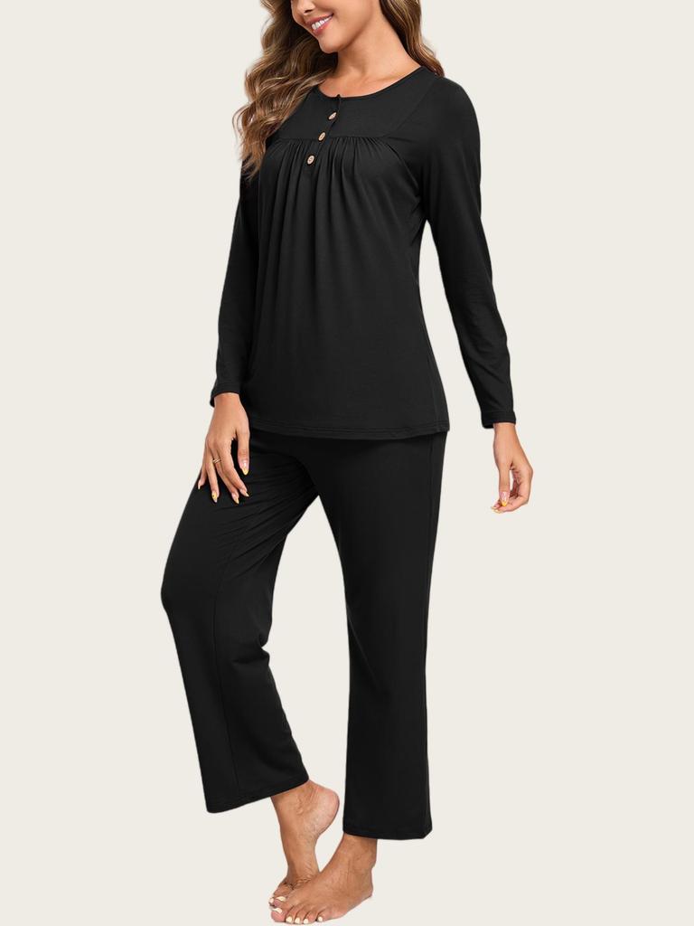 European & American Women's Fashion: Autumn 2025 2-Piece Pajama Set – Casual Long Sleeve Top & Pants with Pockets