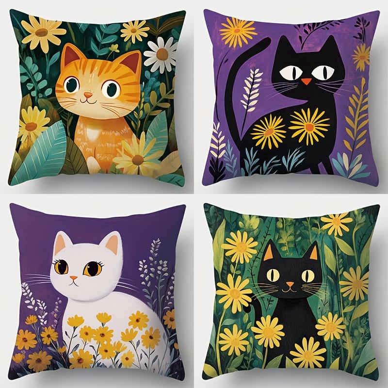 4Pcs Cute Floral Cat Throw Pillow Covers Cartoon Orange Double-Sided Printed Cushion Cases Kawaii Decor Bedroom Living Room