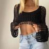 Sexy Hollow Knitted Shirt Solid Color Crewneck Long Sleeve