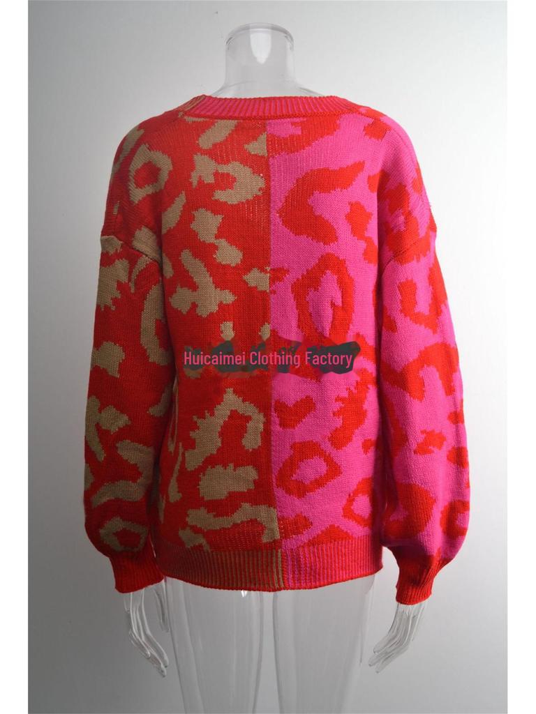 European & American Leopard Print Knitted Cardigan: Autumn/Winter, Mid-Length, Round Neck, Single-Breasted, Streetwear Style, Plus Size Sweater