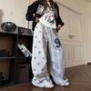 Unisex Loose Fit Streetwear Cargo Pants With Star Stripe Print Gray Wide Leg Trousers Dance Casual Wear