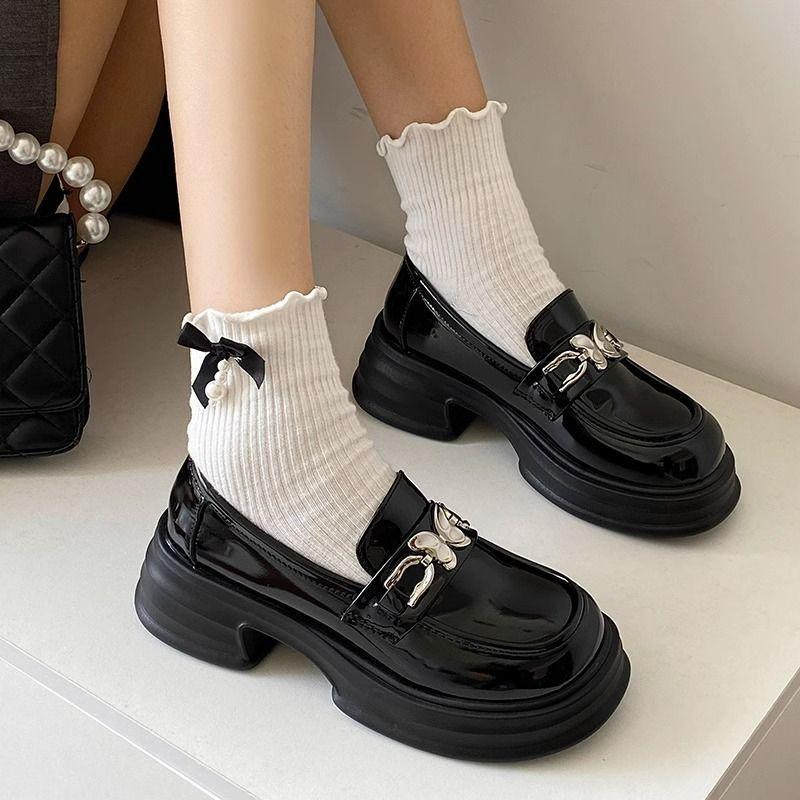 British Retro Small Leather Shoes Women's Thick-soled Shallow-mouth Single Shoes Increase the Height of Versatile College Style Loafers One-pedal