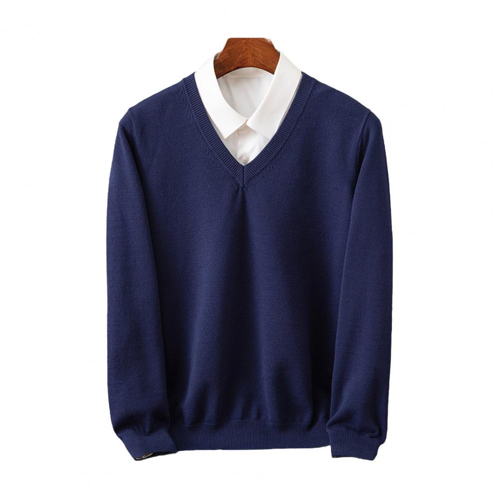 

Men Fall Winter Sweater Fake Two-piece Top Patchwork Turn-down Collar V-Neck Long Sleeves Elastic Pure Color Slim Fit Warm Kni M темно-синього кольору
