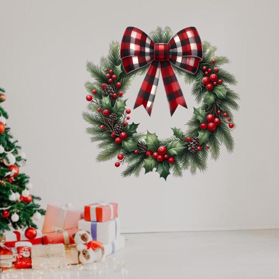 Christmas Wreath Stickers Removable Wall Decals Holiday Pine Cones Bow Wreath Patterns Stickers for Home Window Glass Door Decor