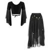 Womens Belly Dance Costume V Neck Lace Up 3/4 Tulle Flare Sleeve Crop Top Sequin Beaded Chiffon Skirt