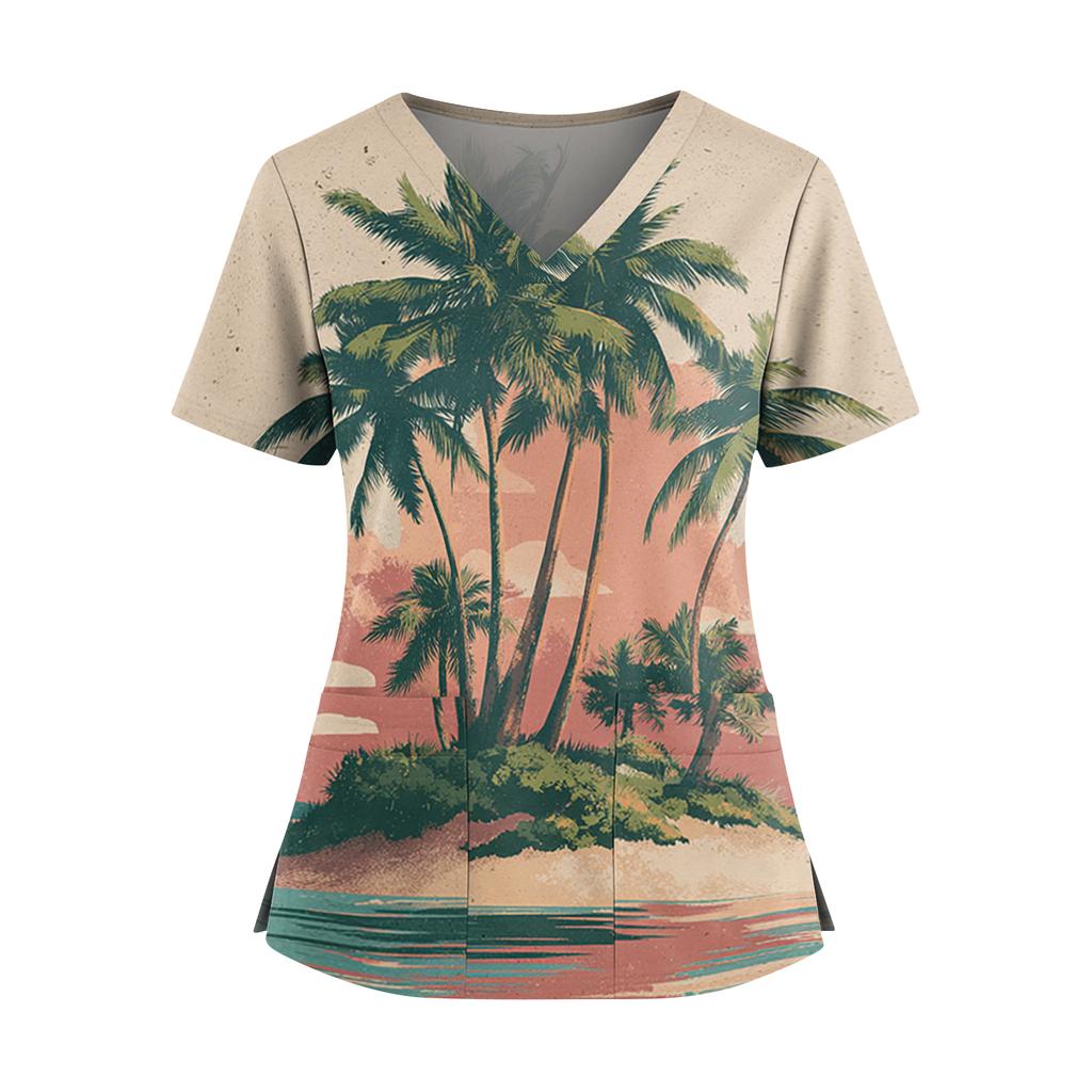 Women's Hawaiian Print V-Neck Double Pocket Short Sleeve Uniform/ Top