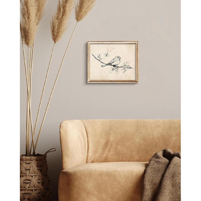 Vintage Bird on Tree Branch Sketch Wall Art Decor Minimalist Drawing Canvas Prints Wall Decor Neutral Line Art Farmhouse Style Wall Decor for Gallery