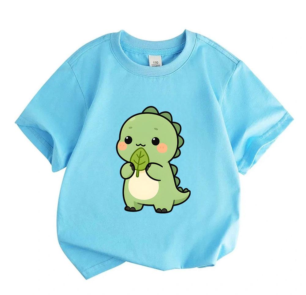 Kids Boys Girls 100% Cotton Crew Neck Short Sleeve T-Shirt, Cute Cartoon Green Dinosaur Print Casual Soft Lightweight Tee Tops for Children Daily Wear