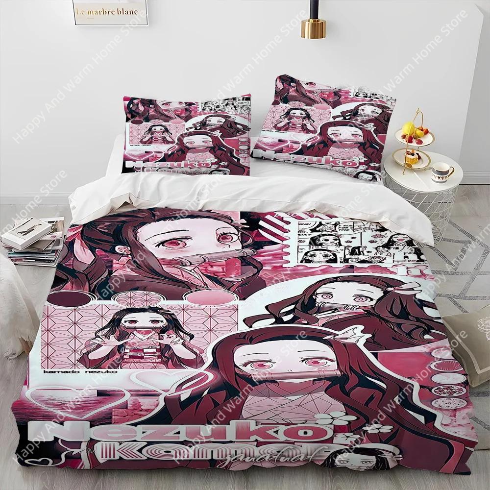 Demon Slayer Beding Set Kamado Nezuko Soft Duvet Cover Set Bedspread Pilowcase King Quen Ful Single Sized Dimensions Bed Linen Young Boys Ten Gift