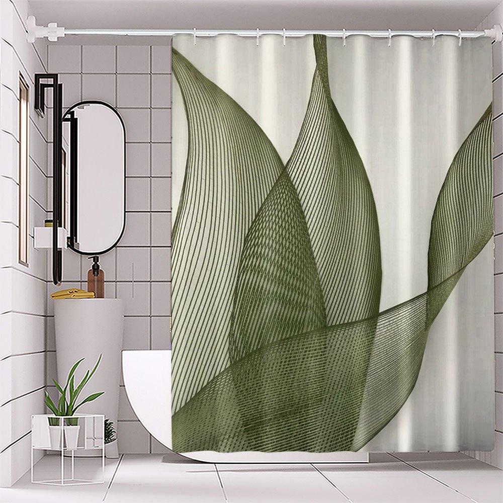 of Green Leaf Patterned Digital Printed Polyester Shower Curtain, Waterproof, No Drilling Required, Bathroom Partition Curtain