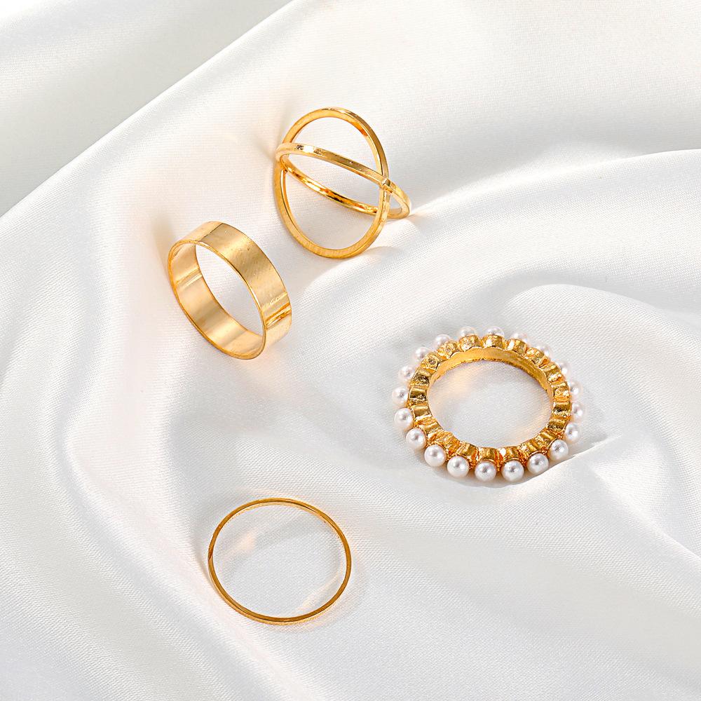 High quality fashion geometric ring set ins personalized pearl ring four-piece set simple temperament Internet celebrity jewelry women