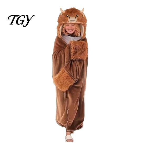 Versatile Pajama Cloak Halloween Wearable Blanket Hoodie, Cozy Hooded Highland Cow Cape, Soft Plush Sloth Black Cat for Women Home Loungewear