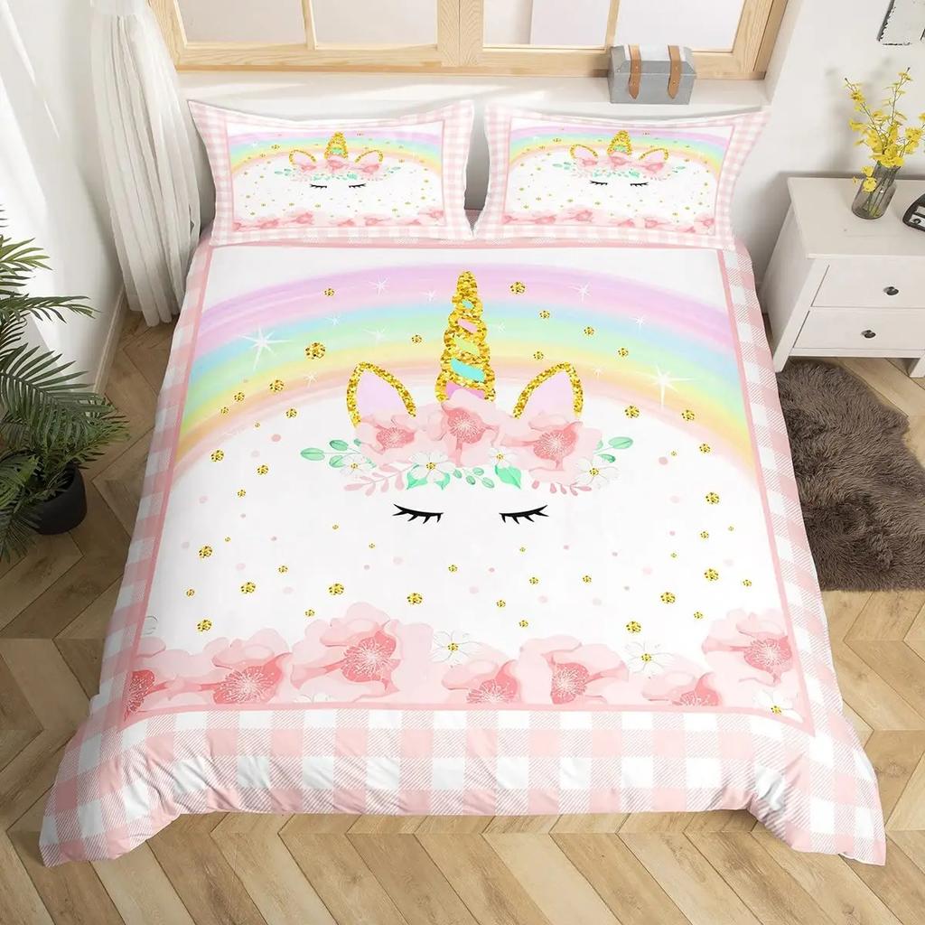 Girls Unicorn Duvet Cover Set King Size Cute Golden Glitter Unicorn Bedding Set Pink Floral Quilt Cover Fantasy Animals Bed Set