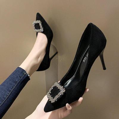 Pantofi Sexy cu Toc Înalt pentru Femei Negre 2024 Stiletto cu Strasuri Pătrate Vârf Ascuțit Pantofi de Birou Femei Coreeni Pantofi Rochie de Mireasă