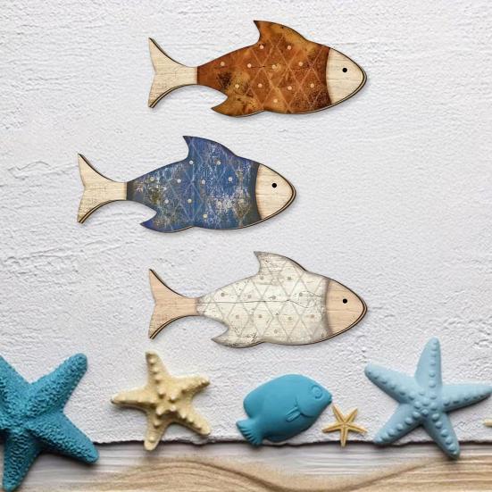 3 Pcs Rustic Wood Fish Wall Art Beach Nautical Wall Hanging Decor Ocean Fish Wall Sculpture for Home Bathroom Living Room