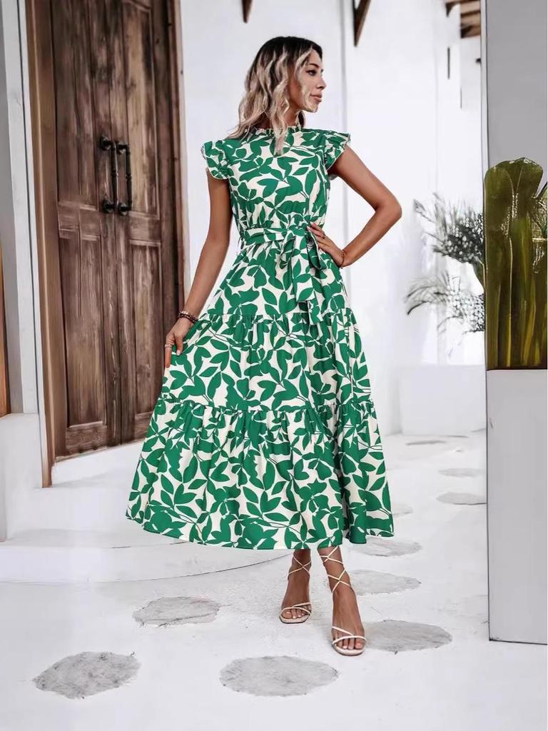 2026 New Summer Fashion Women's Ruffled Flutter Sleeve Lace-Up Printed Fairy Dress