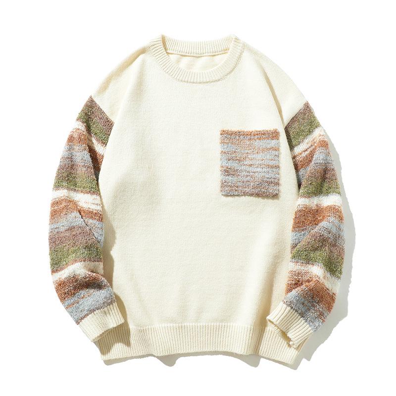 Men s Color Block Round Neck Sweater - Japanese Style, Loose Fit, Breathable Knitwear for Autumn/Winter. M