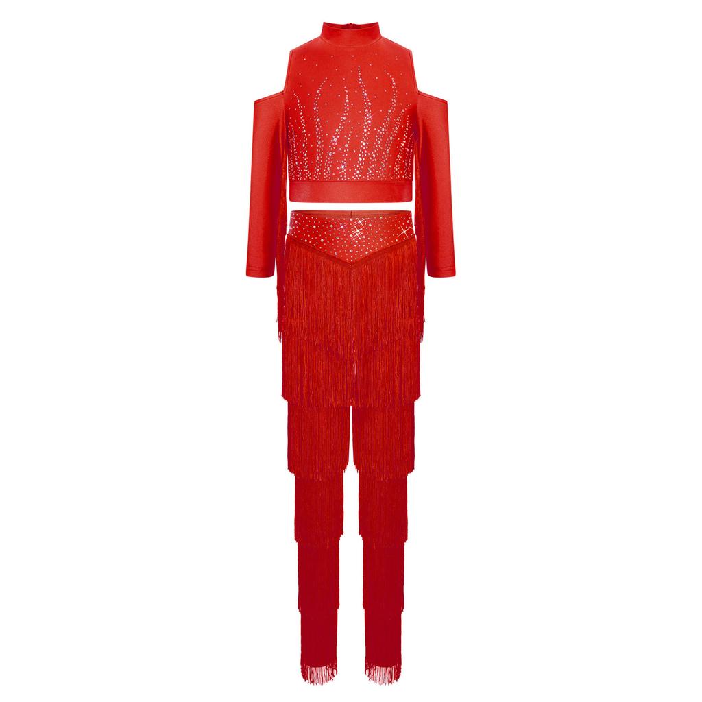 Set de pantaloni cu franjuri pe straturi pentru fete Talie elastică Crop top cu strasuri strălucitoare Ținută Latină
